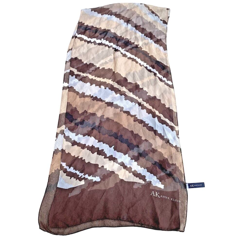 Vintage Anne Klein sheer silk scarf brown tan abstract print long rectangle chic